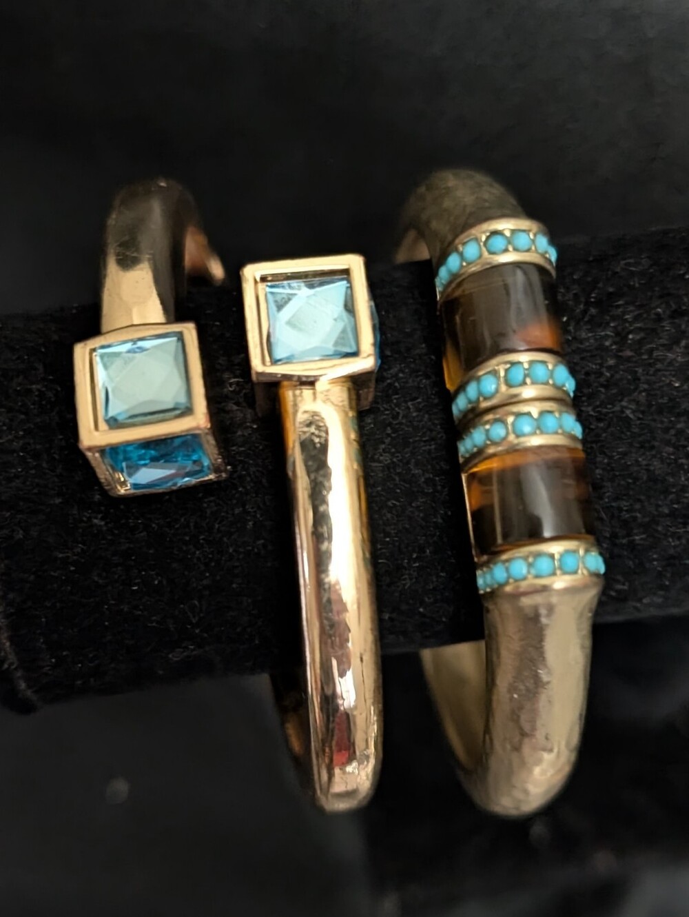 #66. Gold Tone Turquoise & Blue Crystal Cuff Bracelet Set